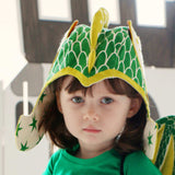 Green dragon hat costume, with pickle ears and spine, for fairytale dress up, playwear by lovelane designs