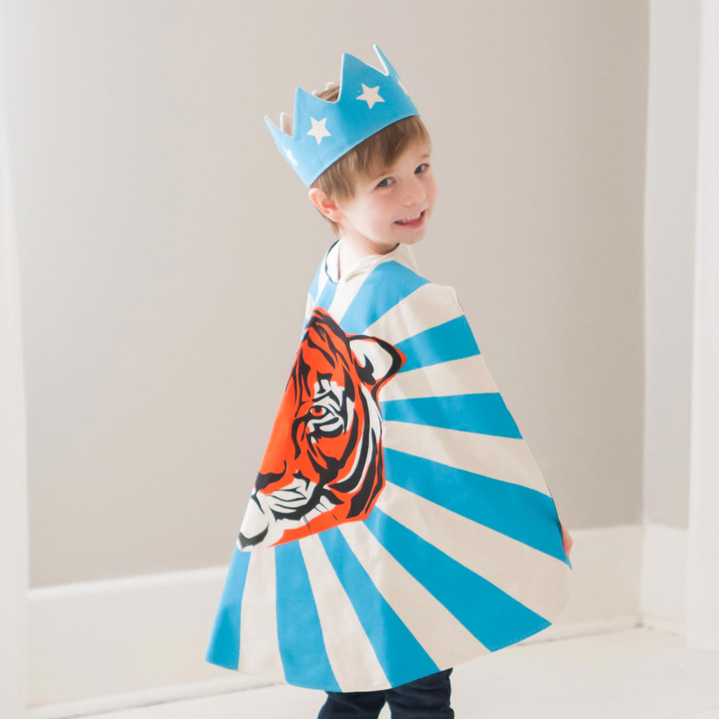child wearing superhero cape crown tiger motif blue orange lovelane designs