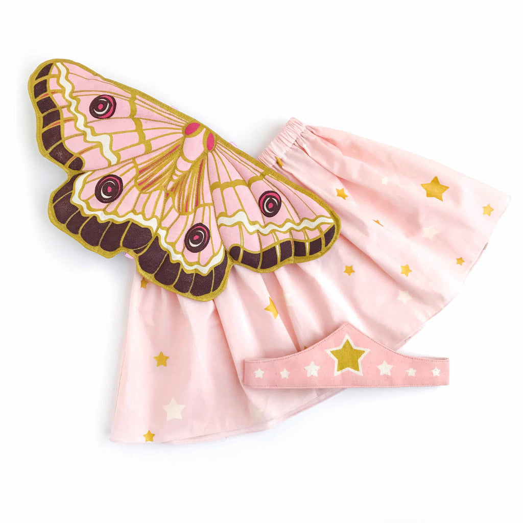 Pink butterfly wings fairytale costume set for child with skirt and tiara for dress up, playwear by lovelane design 