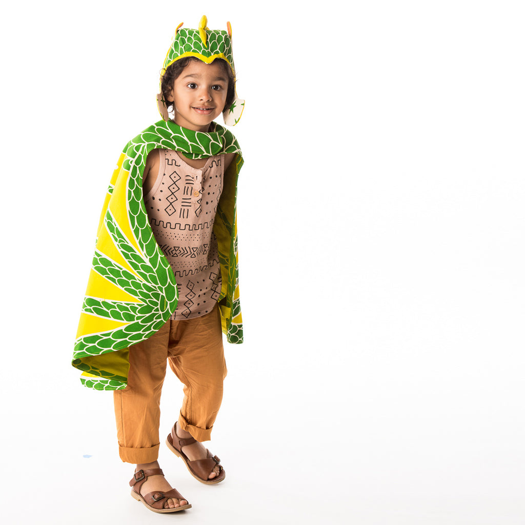 Green dragon hat costume, with pickle ears and spine, for fairytale dress up, playwear by lovelane designs
