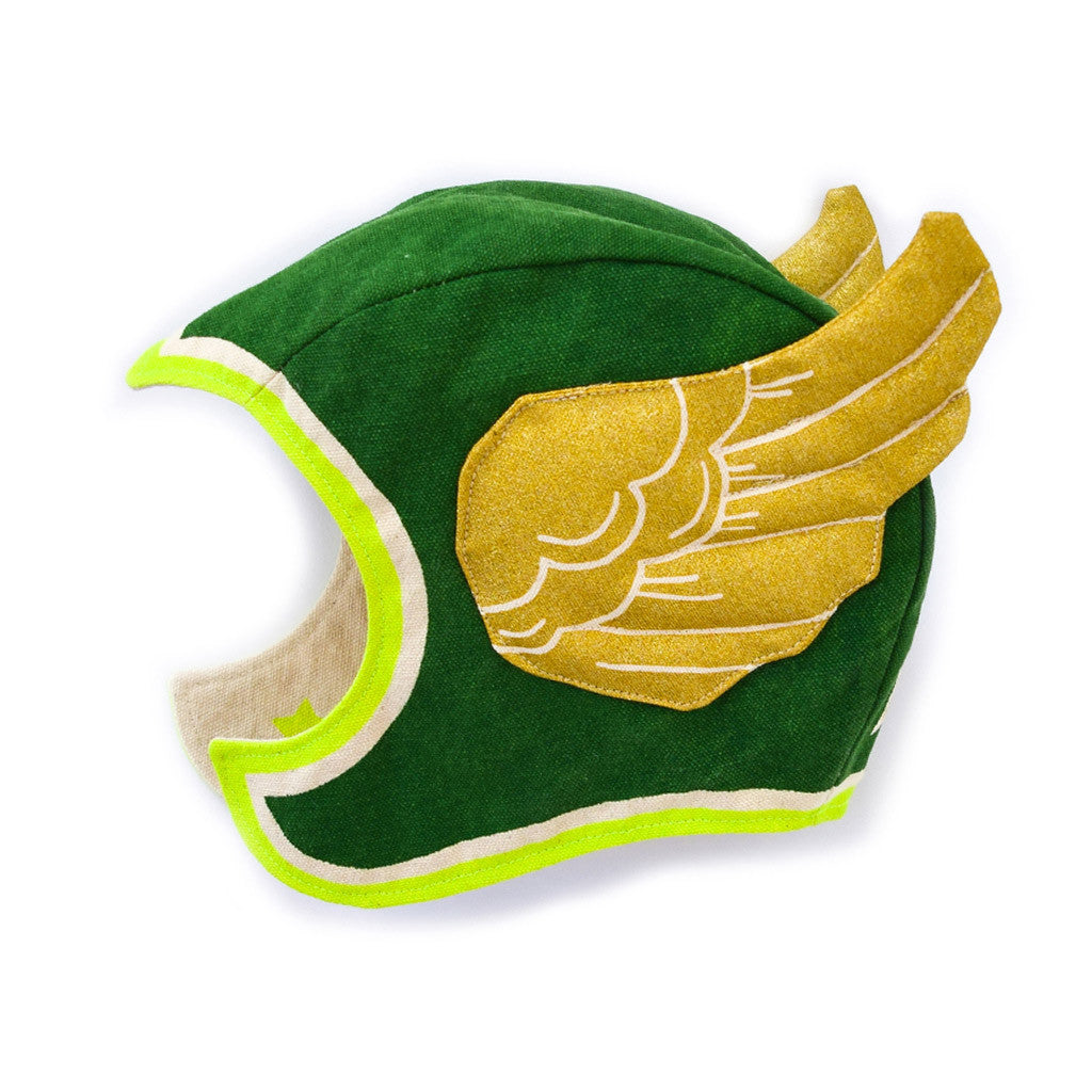 Green flying super hero hat, helmet costume, with gold wings, for dress up, playwear by lovelane designs