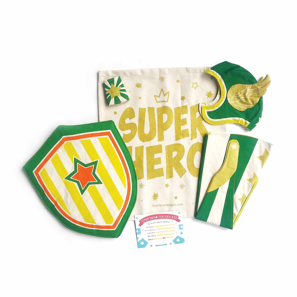 Green Hero Gift Set, Cape, Hat, Cuffs, Shield, Superhero Gift Bag