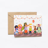 greeting card child birthday birth celebration costume illustration with kraft envelope