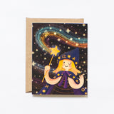 Greeting card with wizard magic girl illustration, with craft envelope by Lovelane designs