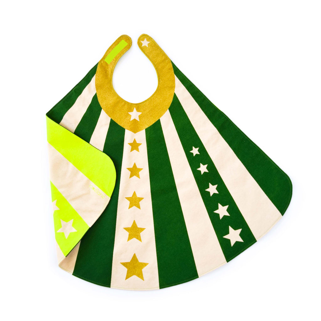 Green super hero cape costume with velcro, stripes and stars, for dress up, playwear by lovelane designs