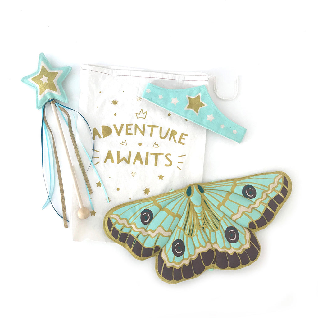 Mint Butterfly Fairy Gift Set, Wings, Wand, Tiara + Reusable Printed Bag
