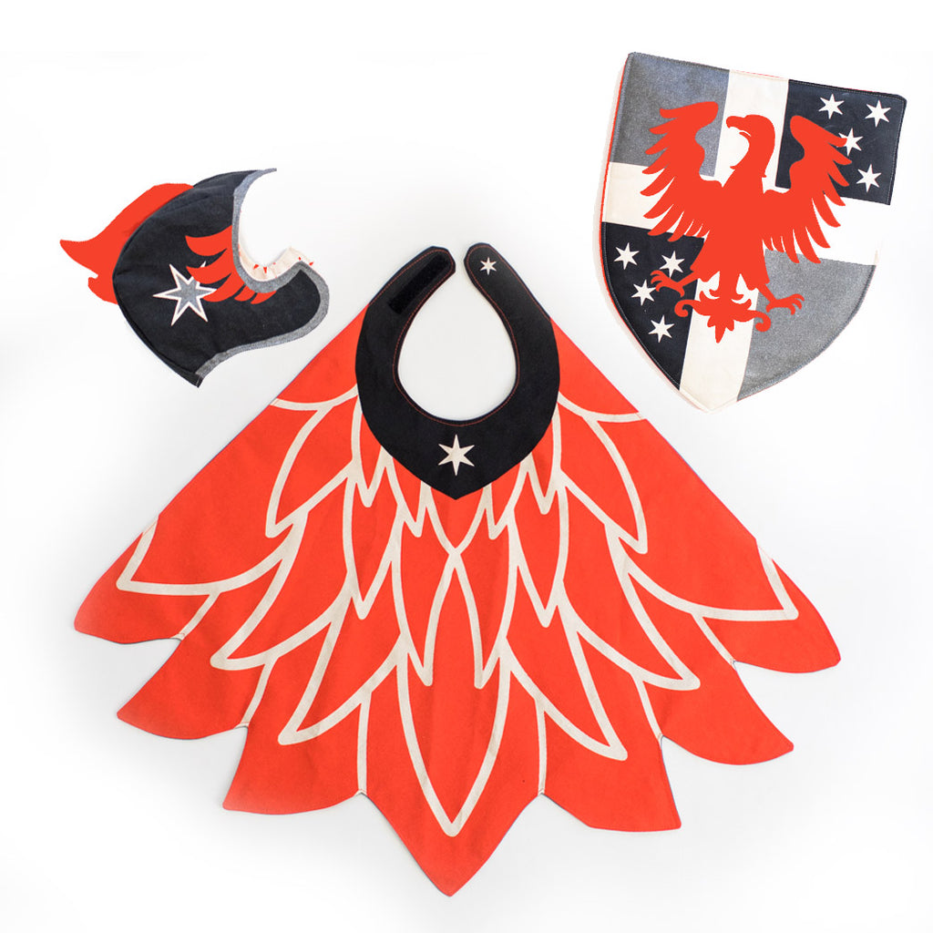 Phoenix knight costume set, in black and red, with feathered cape, hat, and shield, for dress up, playwear by lovelane designs