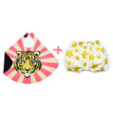 Pink baby tiger cape costume set, in pink and orange, with gold star bloomers, for dress up, playwear by lovelane designs