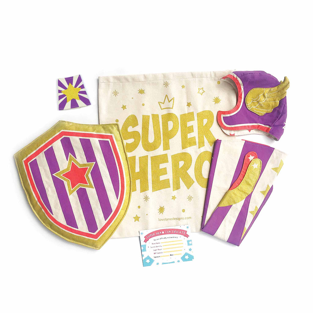 Purple Hero Gift Set, Cape, Hat, Cuffs, Shield, Superhero Gift Bag