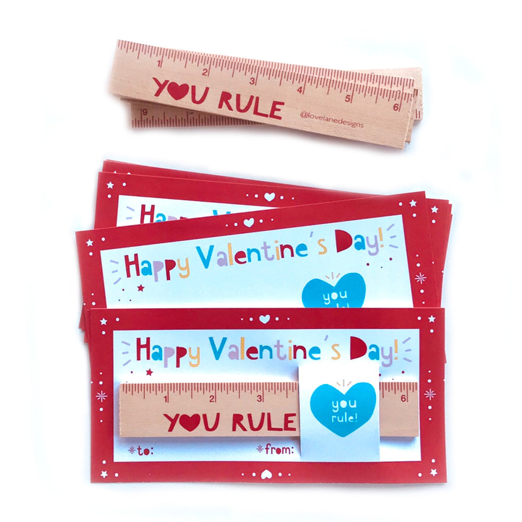YOU RULE Valentine Cards with Wooden Rulers:  Set of 12