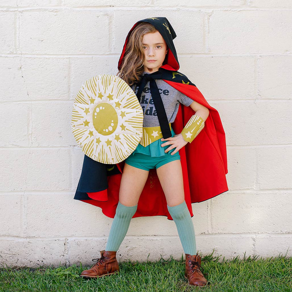 Gold amazon warrior set, save the day kit, with shield cuffs and belt, for dress up, playwear by lovelane