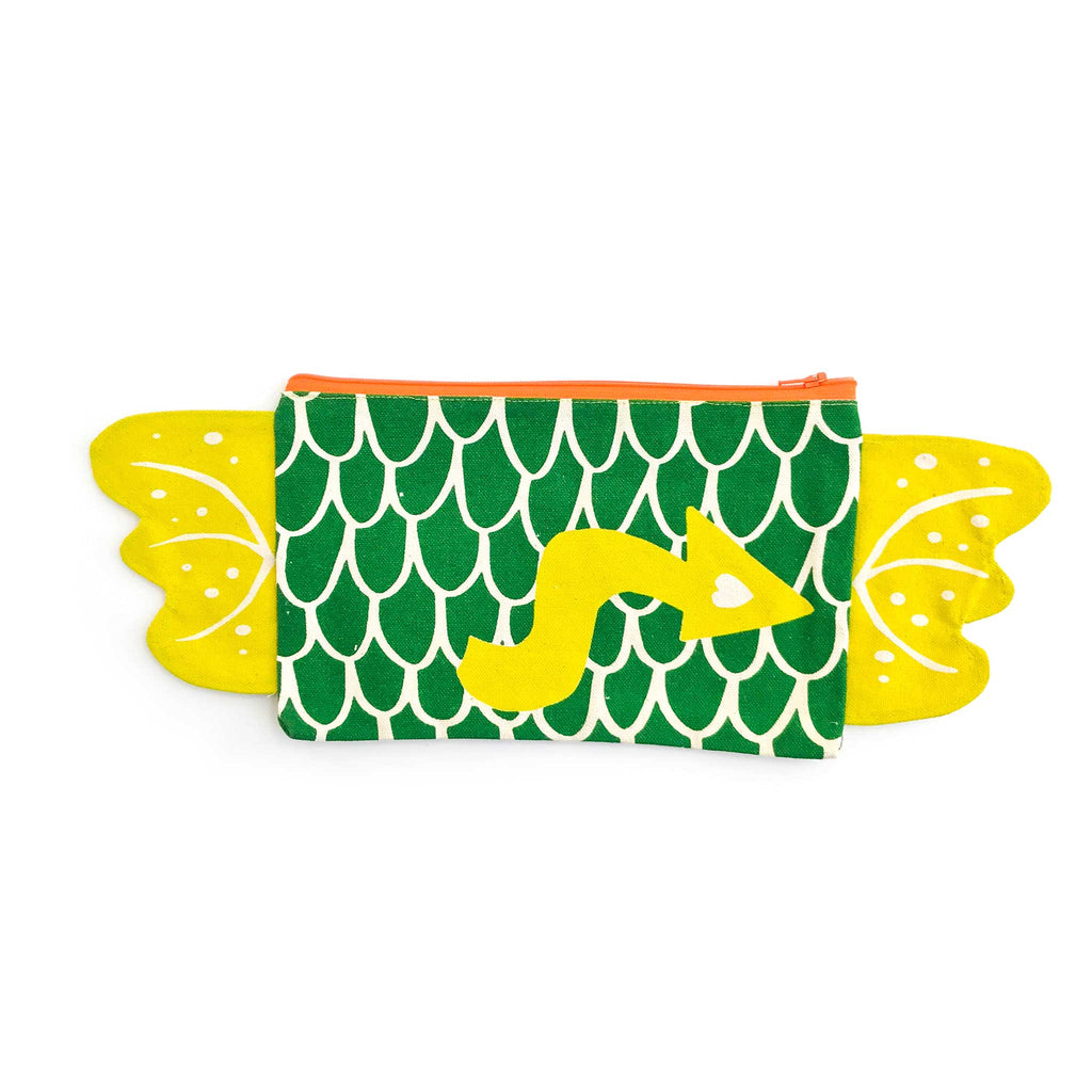 Dragon zipper pouch, pencil case back, in green and pickle, gift for kids, by lovelane designs