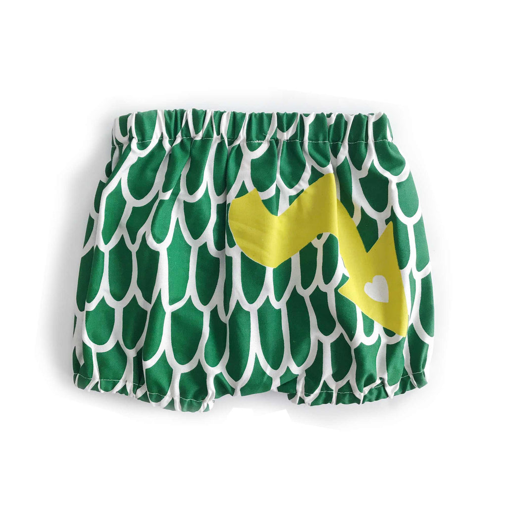 Green baby dragon bloomers, back view, for dress up, playwear by lovelane designs