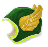 Green flying super hero hat costume, stripes and stars, gold wings, for dress up, playwear by lovelane designs