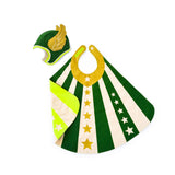 Green flying super hero cape costume set with hat, stripes and stars, gold wings, for dress up, playwear by lovelane designs