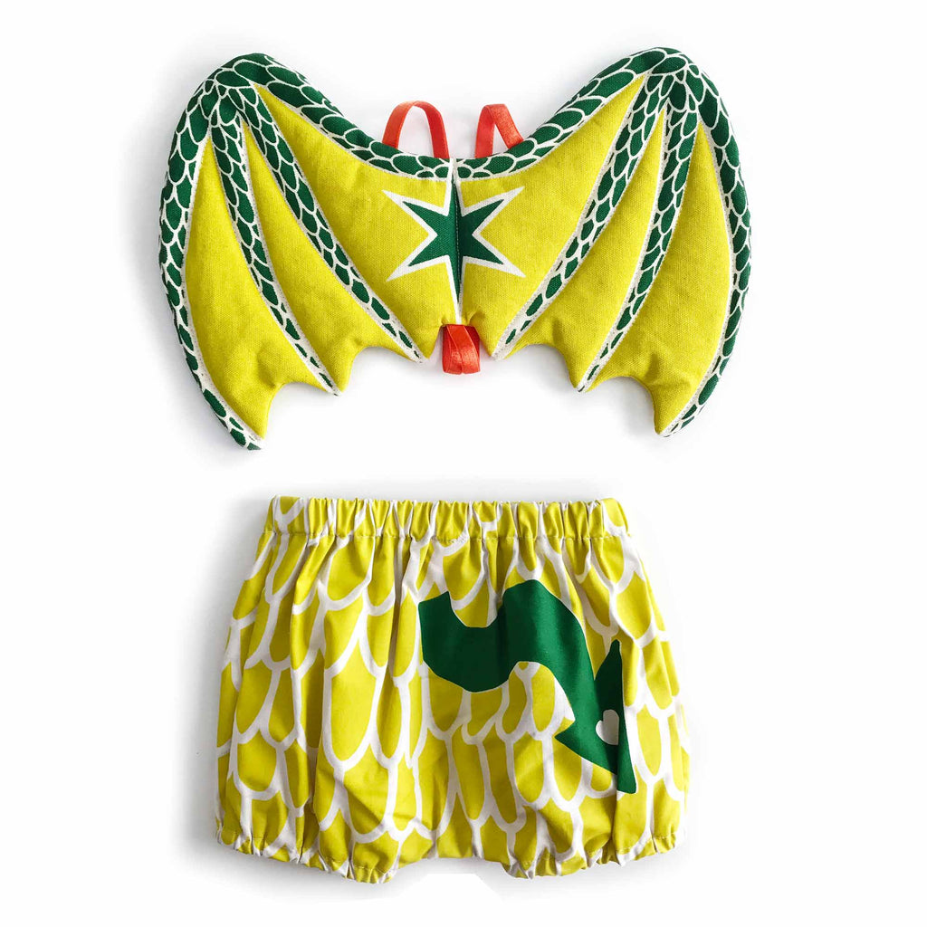 Green baby dragon wings and lime green bloomers set for dress up, playwear by lovelane designs
